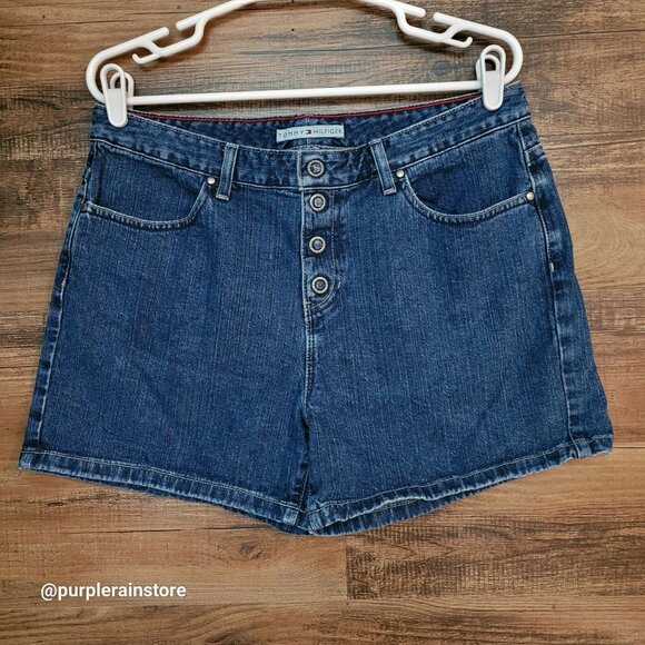 Vtg Tommy Hilfiger Button Fly Denim Shorts 12 High Rise Medium Dark Wash Y2K - Picture 1 of 13